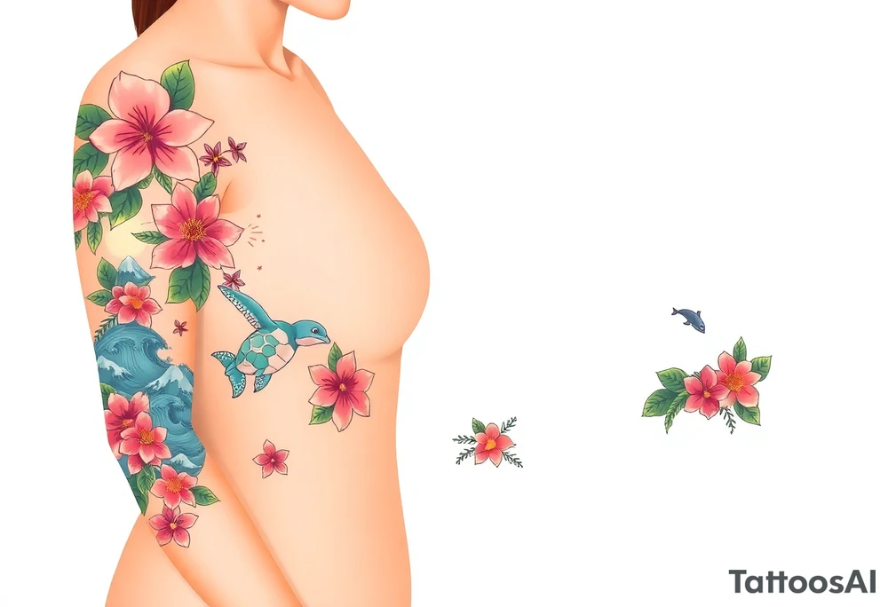 half sleeve, hawaiian theme, with water, mountains, tropical flowers, turtles, dolphins. tattoo idea