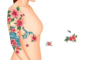 half sleeve, hawaiian theme, with water, mountains, tropical flowers, turtles, dolphins. tattoo idea