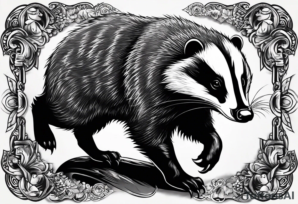 Draw me badger with aggressive full body show, killer face with cute smile, very long nails and he attacks like a Turkish Soldier to enemy and also he has very deadly looking. The only weapon is his braveness he fights with his nails. tattoo idea