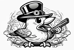 Cute cartoon Bird with a gun in its mouth with “ hot dog water” underneath tattoo idea
