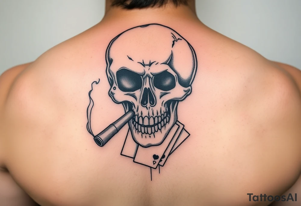 skull with a smoking cigar in his mouth,playing cards,money. tattoo idea