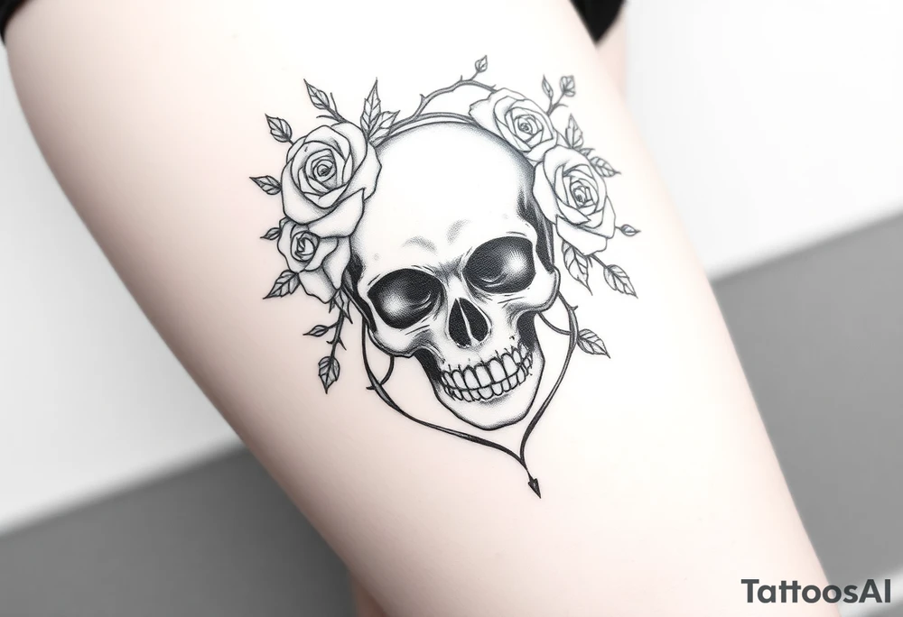 ornate skull adorned with crown of wild roses and thorns tattoo idea