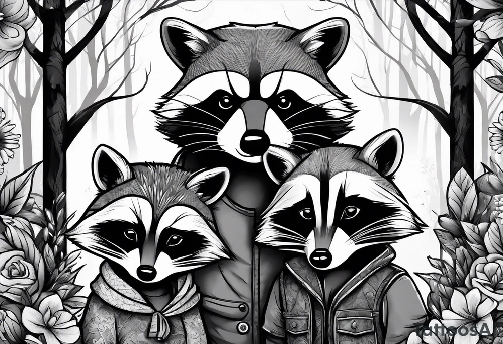 Very detailed Raccoon Husband with wife and child.
Background modern House between woods tattoo idea