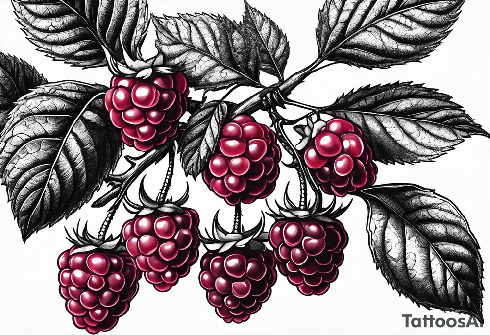 a single raspberry branch with lots of leaves that is hanging upside down with small raspberries on it tattoo idea