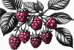 a single raspberry branch with lots of leaves that is hanging upside down with small raspberries on it tattoo idea