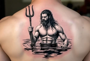 young, fit poseidon in calm water, holding a trident, holding a beer, with bare feet tattoo idea