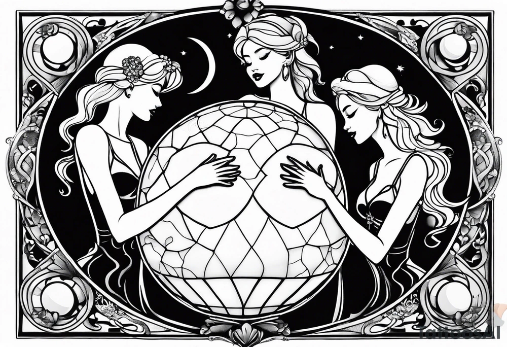 crystal ball that shows three women holding hands in silhouette dancing underneath a full moon tattoo idea
