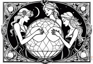 crystal ball that shows three women holding hands in silhouette dancing underneath a full moon tattoo idea