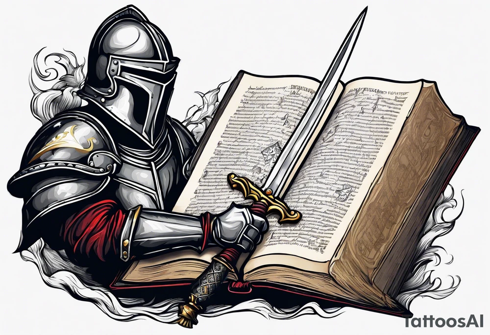 a knight pulling a sword out of an open bible tattoo idea