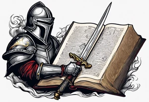 a knight pulling a sword out of an open bible tattoo idea