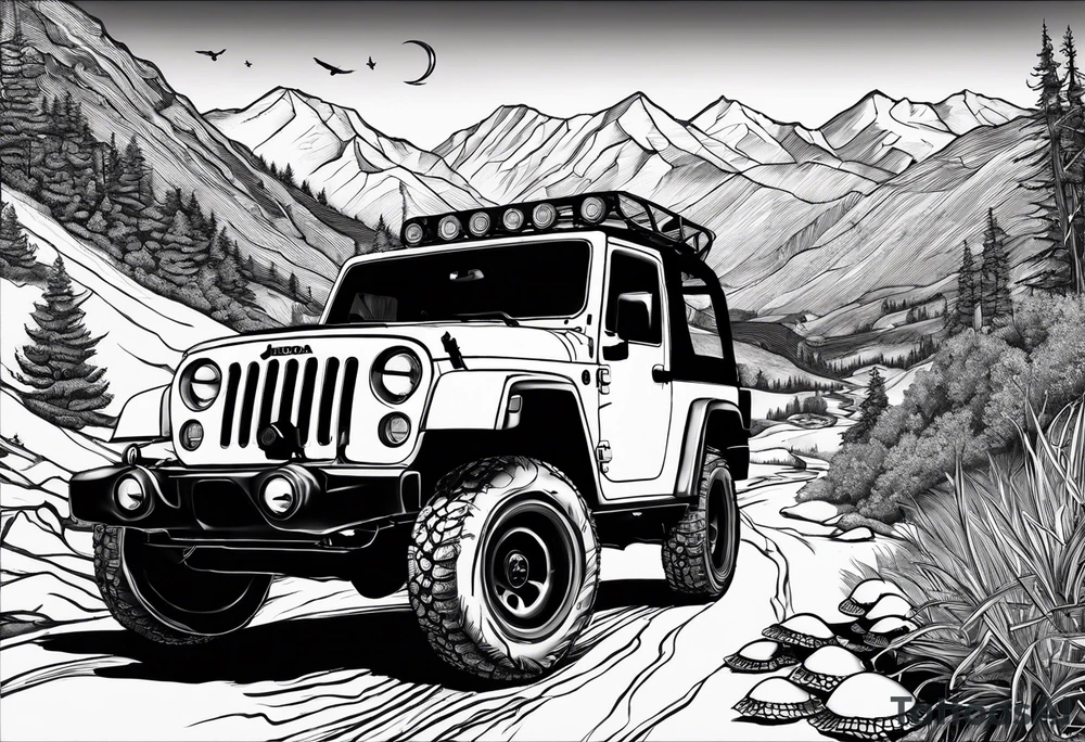 Wasatch Mountain scape with a jeep towing a Honda ATC three wheeler and four turtles watching from the path tattoo idea