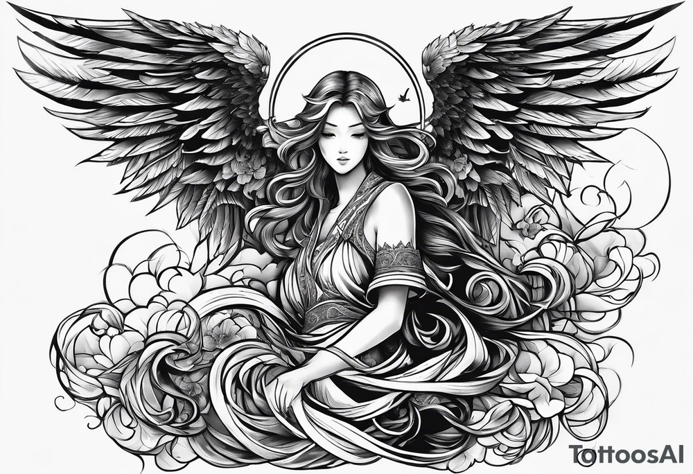 Right wing of an angel wrapping the nam written in gothic letters. tattoo idea