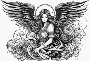 Right wing of an angel wrapping the nam written in gothic letters. tattoo idea