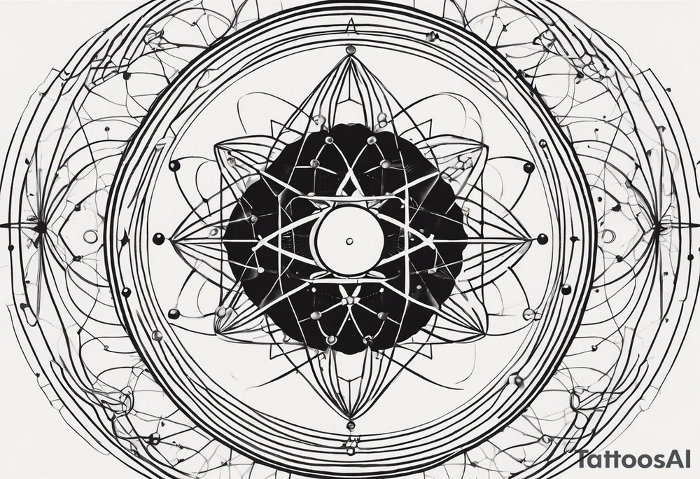 A fine-line tattoo in black ink with geometric and abstract details. The central design features a stylized atom model with the dopamine molecular formula (C8H11NO2) in the center. The electrons orbit around the nucleus, symbolizing movement and energy. The orbits are drawn with soft, slightly imperfect lines, interwoven with geometric elements such as circles, hexagons, and thin arrows. In the background, include small technical symbols inspired by physics and chemistry, such as dots, crosses, dashed lines, and abstract details. At the base, add a subtle representation of hands or delicate gestures that convey scientific or introspective connection, similar to the style of the third tattoo. Ensure the design is balanced and harmonious, with a contemporary and artistic aesthetic. tattoo idea