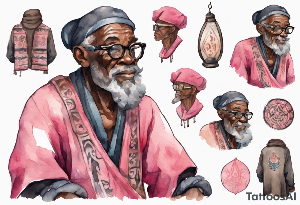 an old medieval black man wearing round glasses, wearing a pink and black tunic, wearing mukluks tattoo idea