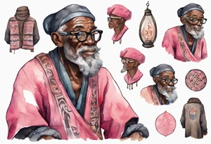 an old medieval black man wearing round glasses, wearing a pink and black tunic, wearing mukluks tattoo idea