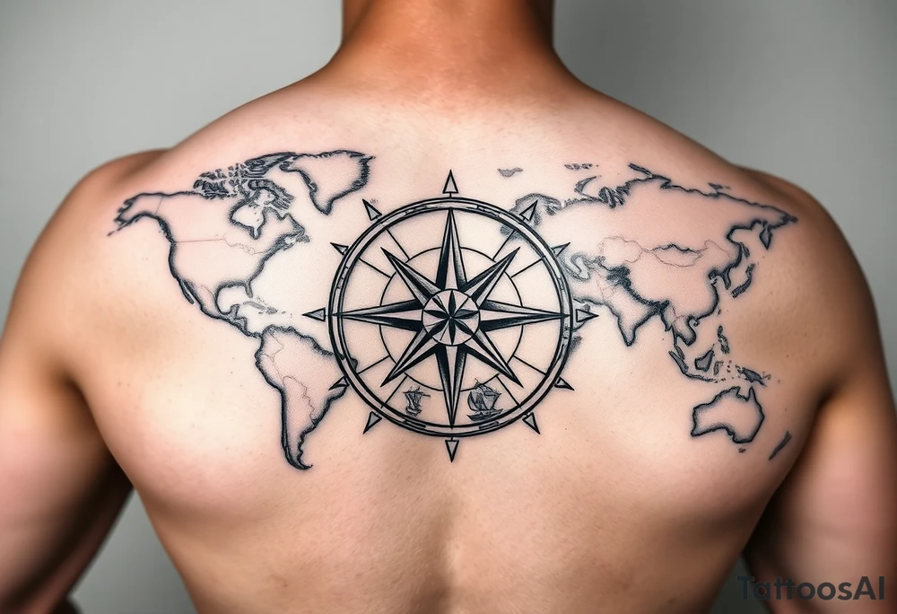 antique compass rose overlaid on weathered world map with sailing ships tattoo idea