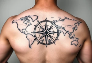 antique compass rose overlaid on weathered world map with sailing ships tattoo idea