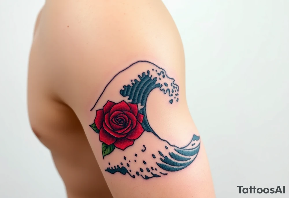 A very detailed Great Wave off Kanagawa incorporate a red rose with a stem on the side of the wave tattoo idea