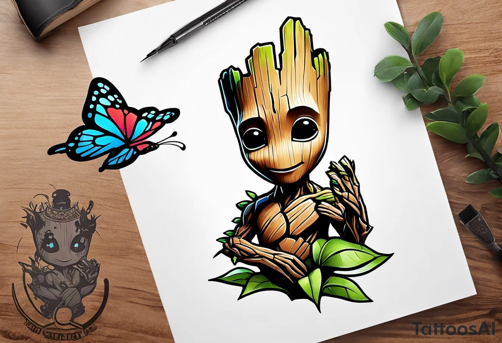 Disney guardians of the galaxy baby groot holding a butterfly tattoo idea