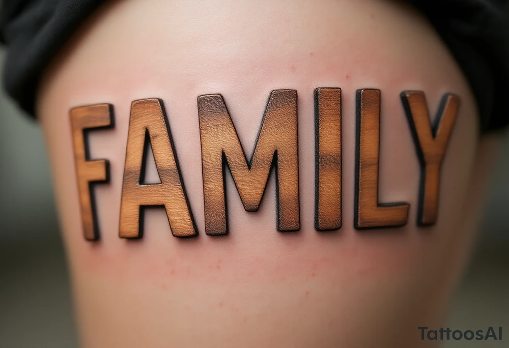 Family in capital letters, each one made of wooden textures in soft brown and beige tones. tattoo idea