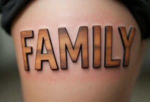 Family in capital letters, each one made of wooden textures in soft brown and beige tones. tattoo idea