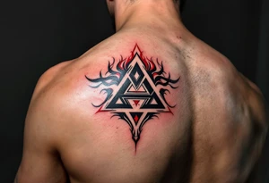 A bold tribal-style triquetra, filled with deep red and black patterns, creating a powerful and dynamic effect. tattoo idea