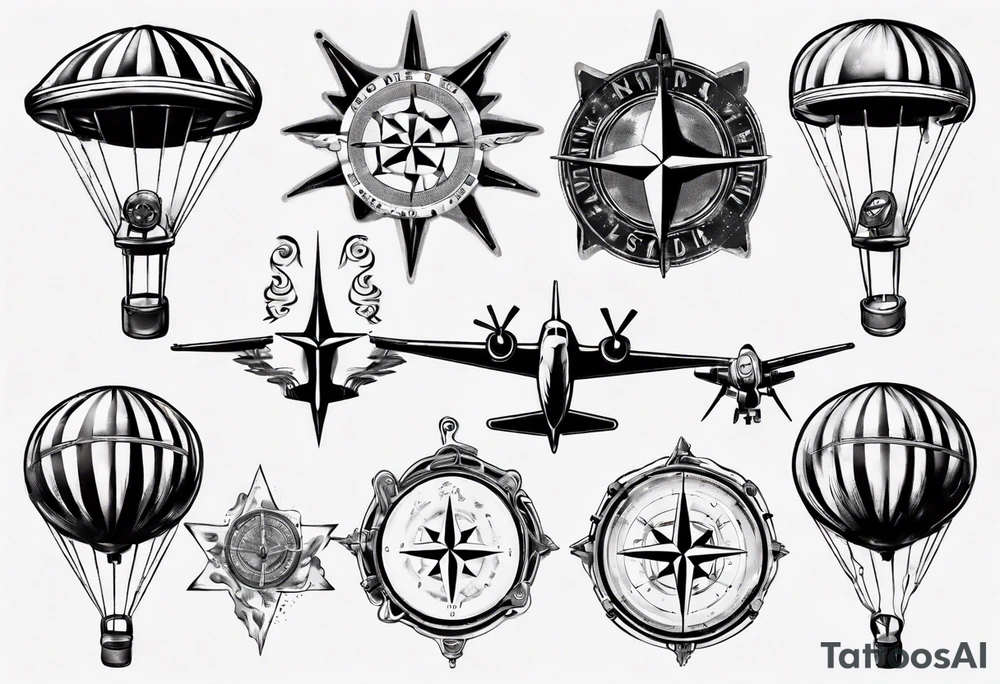 skydiving, shooting guns, compass, adventure tattoo idea