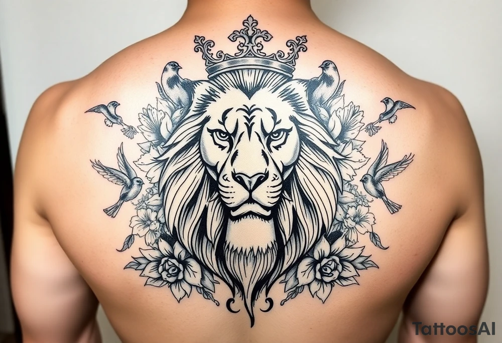 powerful majestic lion with a crown, surrounded by floral ornaments and birds tattoo idea