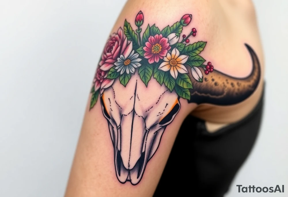 Buffalo or bison skull with flowers. Peony, snowdrop, holly with berries, larkspur, peony. Colour. For upper arm or shoulder. Masculin. tattoo idea