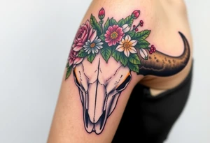 Buffalo or bison skull with flowers. Peony, snowdrop, holly with berries, larkspur, peony. Colour. For upper arm or shoulder. Masculin. tattoo idea