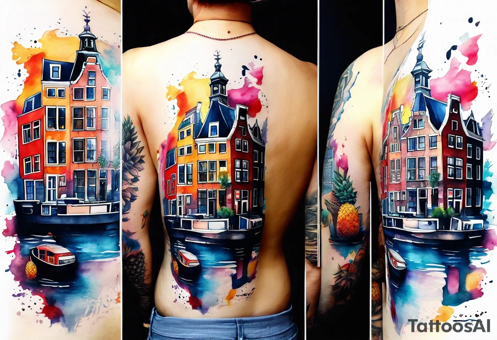 Watercolour style arm tattoo of Amsterdam houses and Amsterdam canal in space featuring wildlife, stag and pineapples tattoo idea