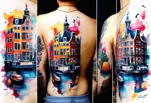 Watercolour style arm tattoo of Amsterdam houses and Amsterdam canal in space featuring wildlife, stag and pineapples tattoo idea