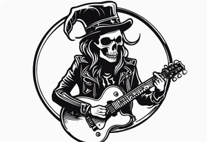 A rockstar skeleton performing and doing metal horns. tattoo idea