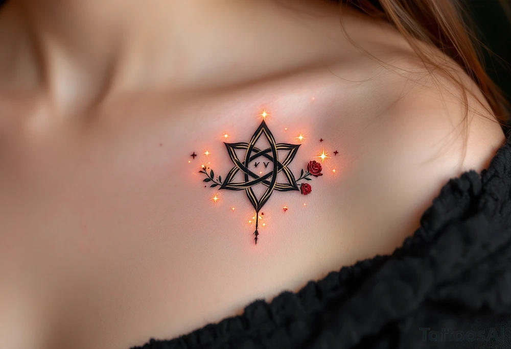 A mystical love runey with golden light, surrounded by a faint magical aura. The symbol itself is engraved with sharp, symmetrical lines, and small roses wrap around the edges. The tattoo evokes timeless love, with deep red accents and delicate glowing stars scattered around it. tattoo idea