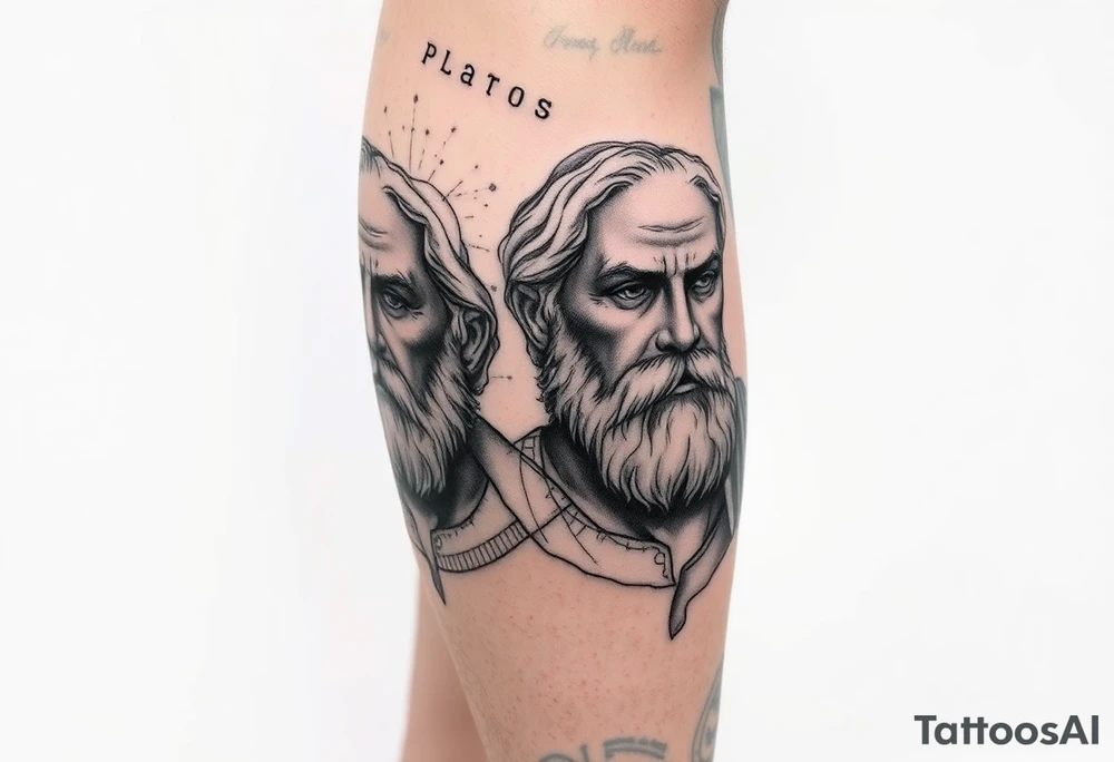 Platos, aristole, and socrates on the right side of the calf. Big and filling the whole calf tattoo idea