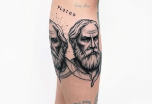 Platos, aristole, and socrates on the right side of the calf. Big and filling the whole calf tattoo idea