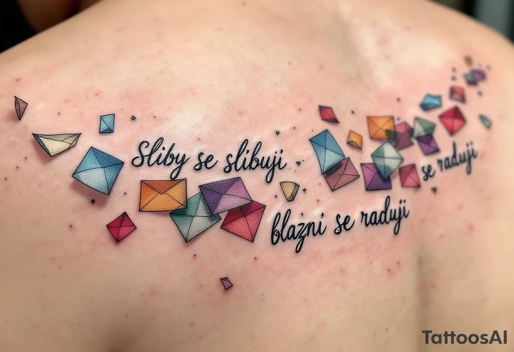 "Sliby se slibuji, blazni se raduji." — A string of colorful paper promises fluttering away in the wind, with the quote wrapped around in playful gray cursive. tattoo idea