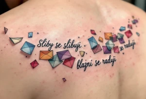 "Sliby se slibuji, blazni se raduji." — A string of colorful paper promises fluttering away in the wind, with the quote wrapped around in playful gray cursive. tattoo idea