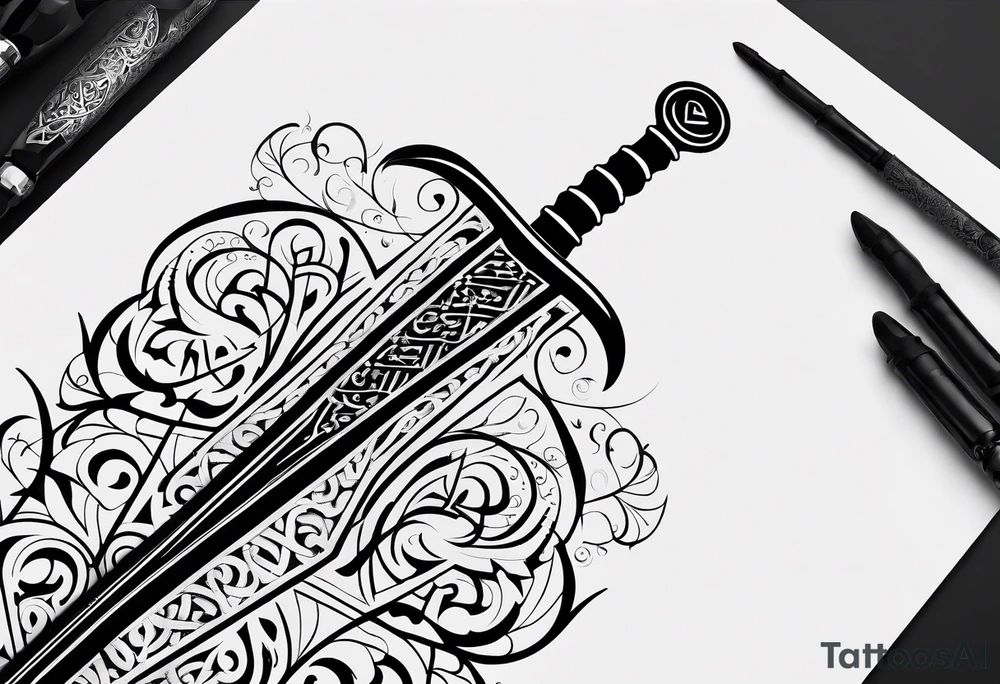 words in arabic calligraph in shape sword tattoo idea