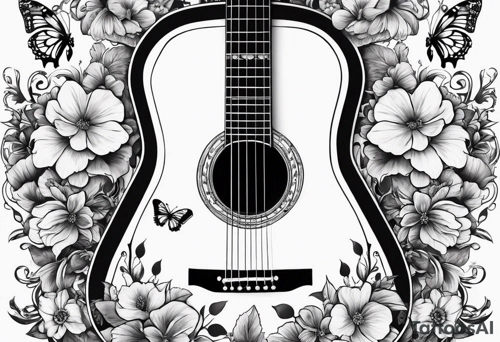 Guitar with flowers growing off the side, butterflies, small tattoo idea
