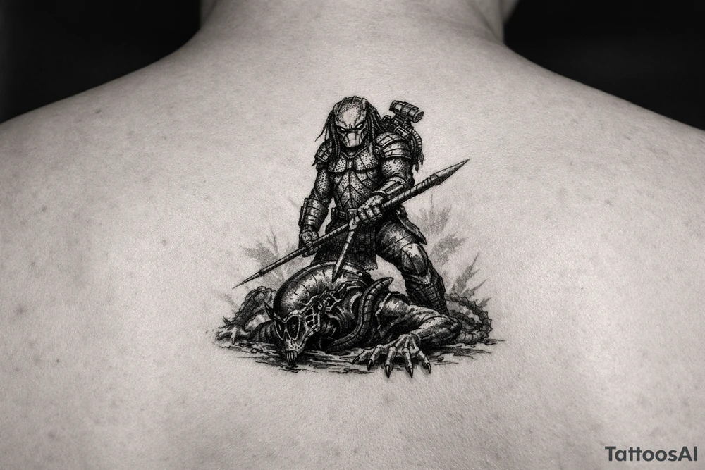 predator killing an alien, alien is crawling from the ground, predator stands tall driving his spear through the xeno's head. predator is proud, add his laser gun on his shoulder tattoo idea