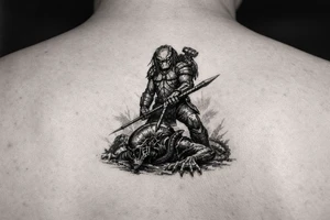 predator killing an alien, alien is crawling from the ground, predator stands tall driving his spear through the xeno's head. predator is proud, add his laser gun on his shoulder tattoo idea
