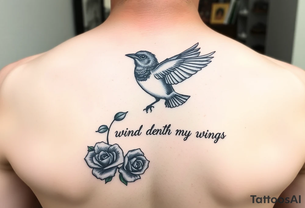 Soaring robin with trail of red rose petals with writing saying wind beneath my wings tattoo idea