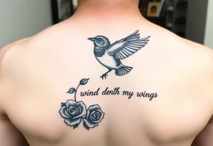 Soaring robin with trail of red rose petals with writing saying wind beneath my wings tattoo idea