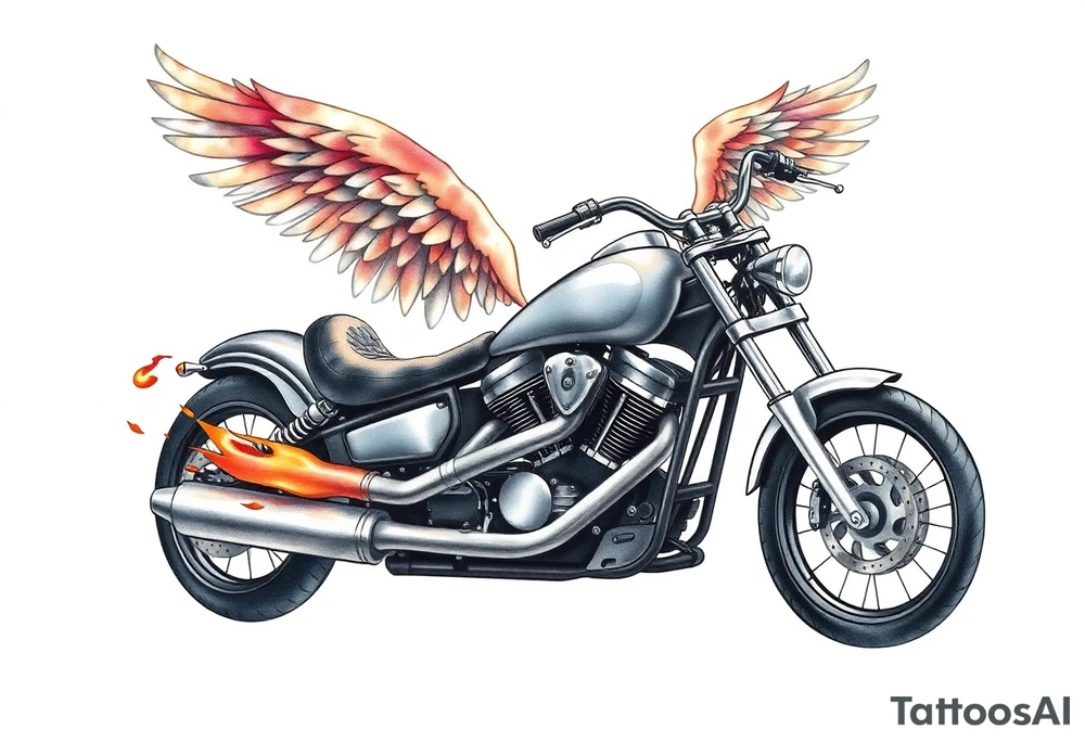 Low rider grey motorcycle, big muffler pipes with flames, angel wings, driving away, no person tattoo idea