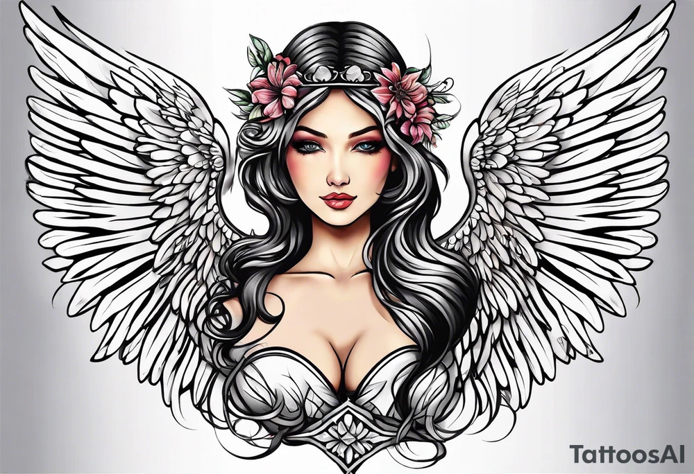 beautiful angel wings. with flilgree in the background tattoo idea