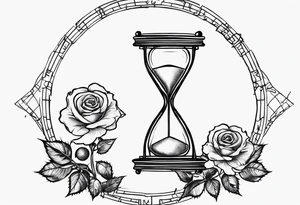 I want a design for printing on t-shirts, the design is an hourglass with a hand clock in the middle with Amazigh numbers, and these two main elements are mixed with thorny roses and planets tattoo idea