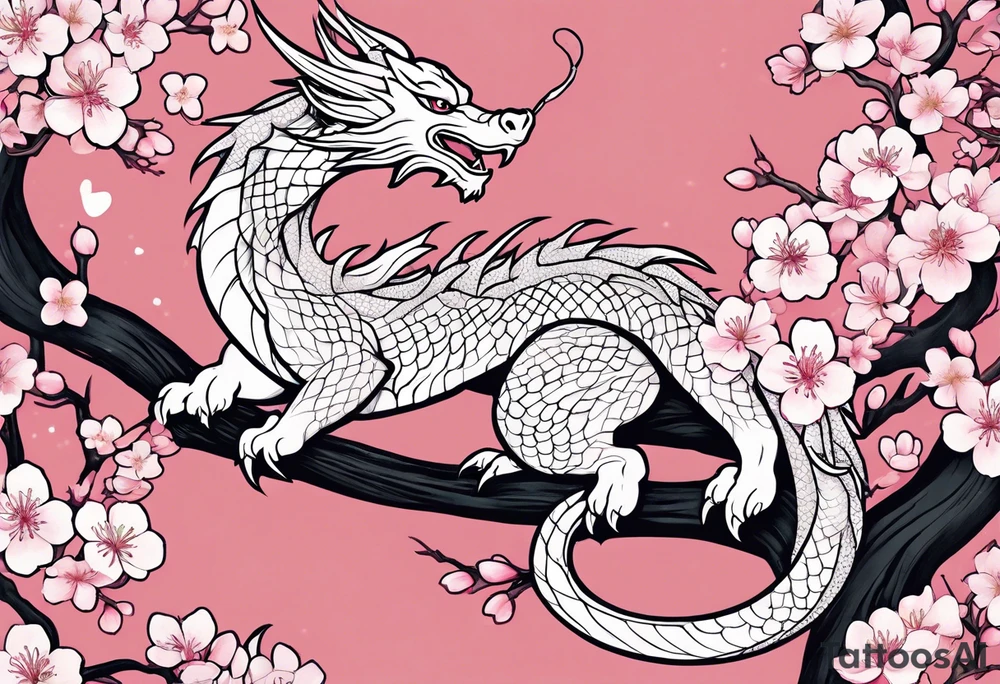 Delicate feminine simple dragon intertwined in cherry blossom, soft lines, soft dragon, pleasant dragon, beautiful cherry blossom tattoo idea