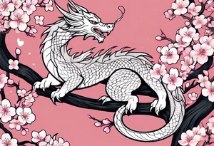 Delicate feminine simple dragon intertwined in cherry blossom, soft lines, soft dragon, pleasant dragon, beautiful cherry blossom tattoo idea